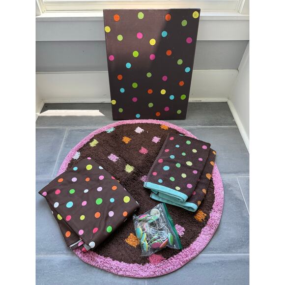 Brown & Rainbow Polka Dot Bathroom Set Wall Art Towels Shower Hooks & Curtain - Picture 1 of 1